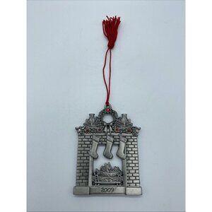 2009 Avon Pewter Christmas Fireplace Ornament With Original Red Bag and Box